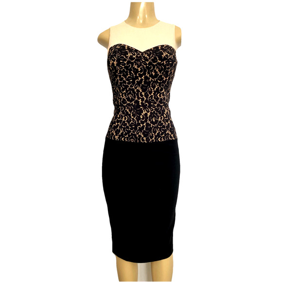 Michael Kors Collection Dress Black Nude Lace Print Wool Sheath Midi Sle… - Picture 1 of 9